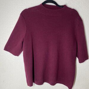 Ann Taylor Cotton Sweater Womens XL Burgundy Mock Neck Short Sleeve